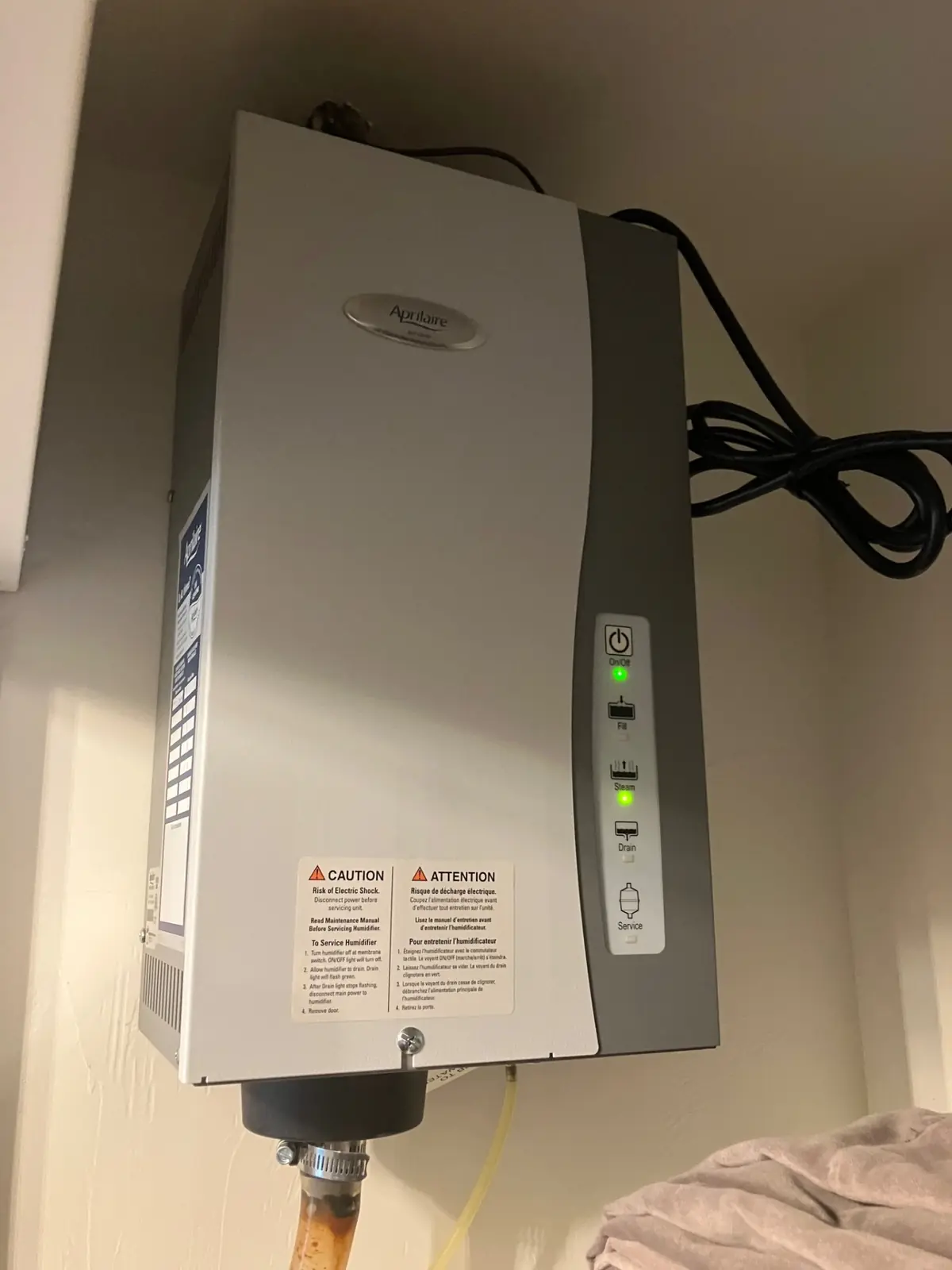 Aprilaire whole-home humidifier installed on HVAC system