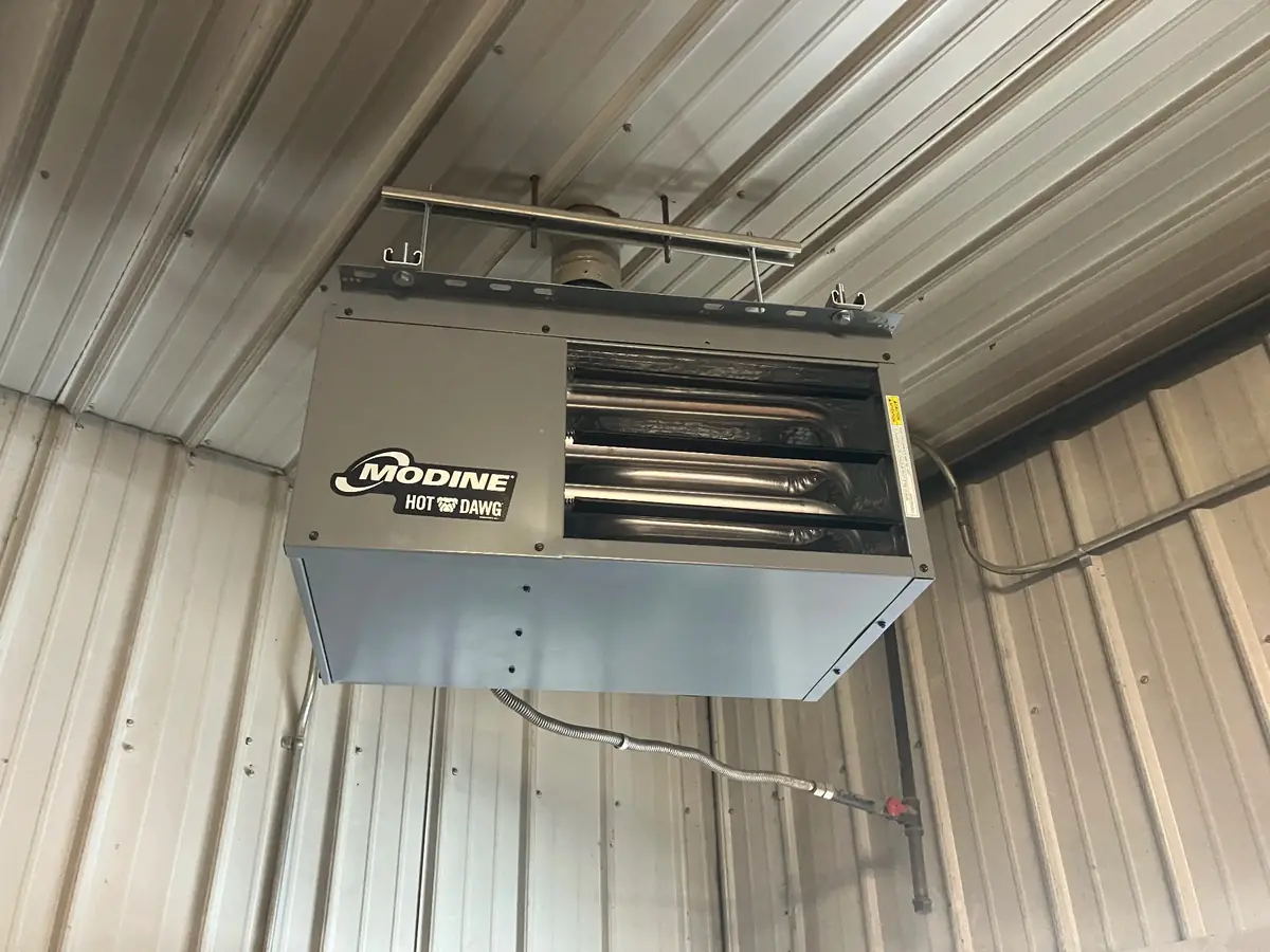 Modine unit heater installation and repair service in commercial garage by East to West Heating and Air Conditioning
